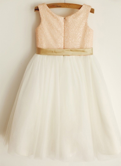 A-Line/Princess Scoop Neck Knee-Length Tulle Sequined Flower Girl Dress With Sash