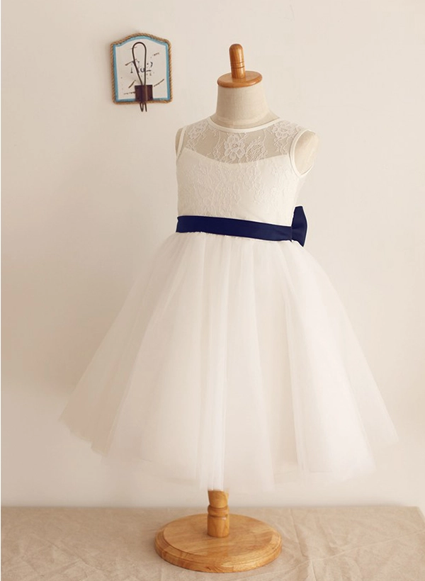 A-line/Princess Scoop Neck Knee-Length Lace Tulle Flower Girl Dress With Bowknot