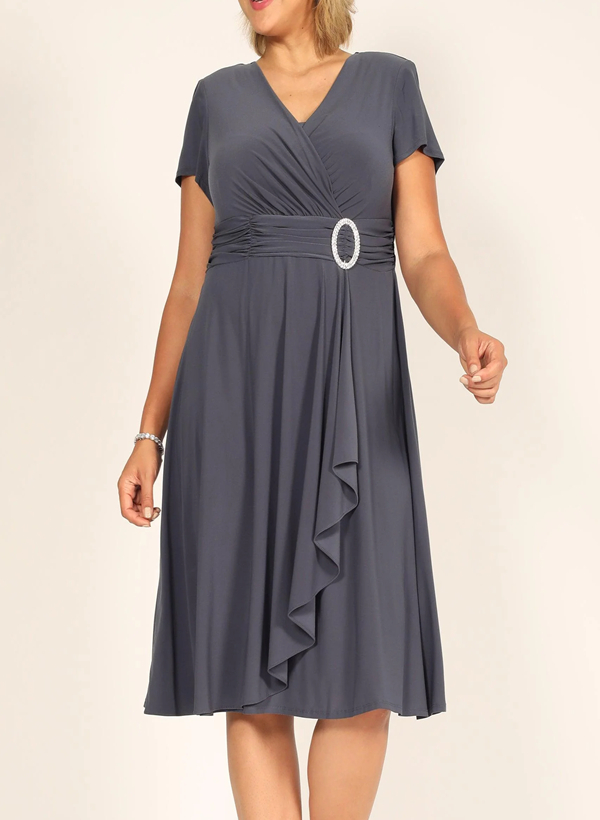A-Line V-Neck Short Sleeves Jersey Knee-Length Mother Of The Bride Dresses With Beading
