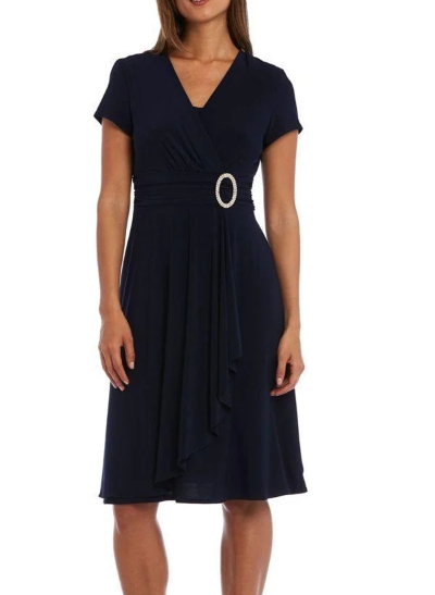 A-Line V-Neck Short Sleeves Jersey Knee-Length Mother Of The Bride Dresses With Beading