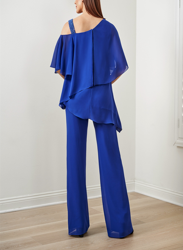 Jumpsuit/Pantsuit Asymmetrical Neck 1/2 Sleeves Chiffon Mother Of The Bride Dresses With Beading
