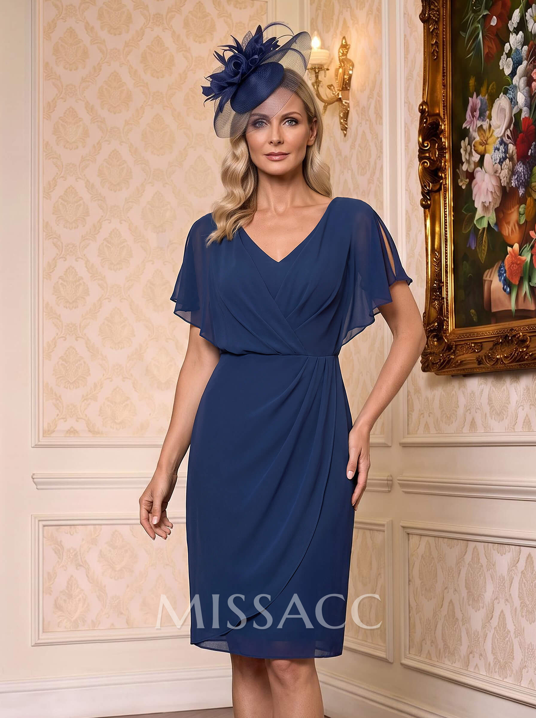 Sheath/Column V-Neck Short Sleeves Chiffon Knee-Length Mother Of The Bride Dresses Sheath/Column V-Neck Short Sleeves Chiffon Knee-Length Mother Of The Bride Dresses