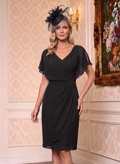 Sheath/Column V-Neck Short Sleeves Chiffon Knee-Length Mother Of The Bride Dresses