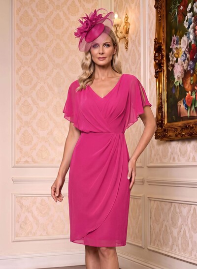 Sheath/Column V-Neck Short Sleeves Chiffon Knee-Length Mother Of The Bride Dresses