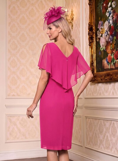 Sheath/Column V-Neck Short Sleeves Chiffon Knee-Length Mother Of The Bride Dresses
