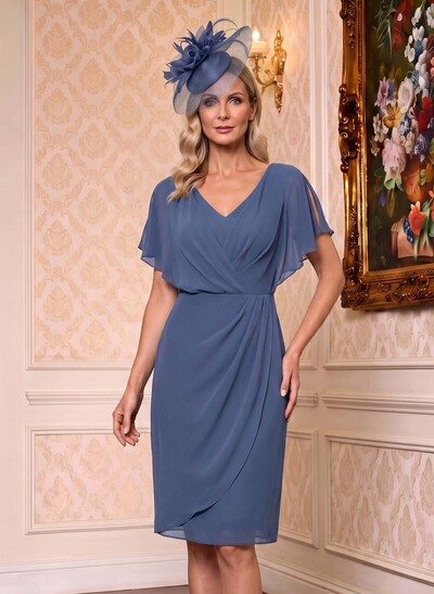Sheath/Column V-Neck Short Sleeves Chiffon Knee-Length Mother Of The Bride Dresses