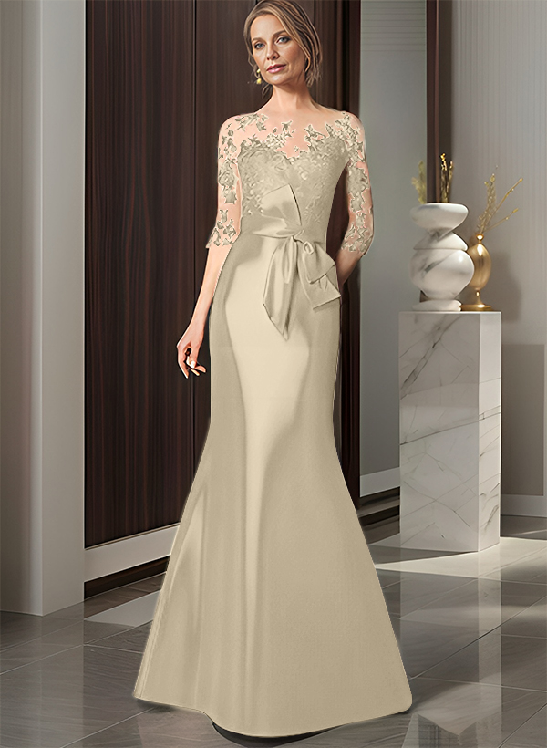 Trumpet/Mermaid Scoop Neck 3/4 Sleeves Lace Satin Floor-Length Mother Of The Bride Dresses With Bow(s)