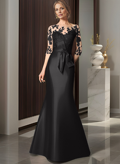 Trumpet/Mermaid Scoop Neck 3/4 Sleeves Lace Satin Floor-Length Mother Of The Bride Dresses With Bow(s)