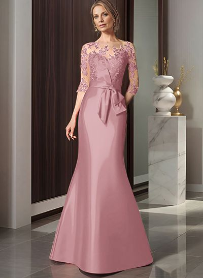 Trumpet/Mermaid Scoop Neck 3/4 Sleeves Lace Satin Floor-Length Mother Of The Bride Dresses With Bow(s)