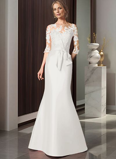 Trumpet/Mermaid Scoop Neck 3/4 Sleeves Lace Satin Floor-Length Mother Of The Bride Dresses With Bow(s)