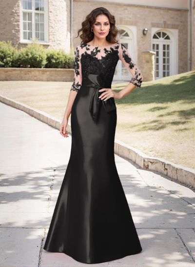 Trumpet/Mermaid Scoop Neck 3/4 Sleeves Lace Satin Floor-Length Mother Of The Bride Dresses With Bow(s)