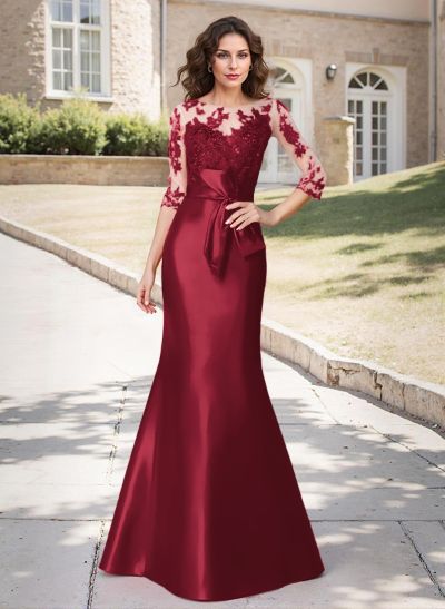 Trumpet/Mermaid Scoop Neck 3/4 Sleeves Lace Satin Floor-Length Mother Of The Bride Dresses With Bow(s)