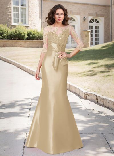 Trumpet/Mermaid Scoop Neck 3/4 Sleeves Lace Satin Floor-Length Mother Of The Bride Dresses With Bow(s)