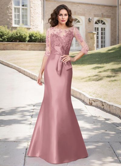 Trumpet/Mermaid Scoop Neck 3/4 Sleeves Lace Satin Floor-Length Mother Of The Bride Dresses With Bow(s)