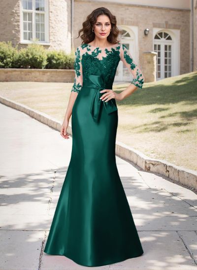 Trumpet/Mermaid Scoop Neck 3/4 Sleeves Lace Satin Floor-Length Mother Of The Bride Dresses With Bow(s)