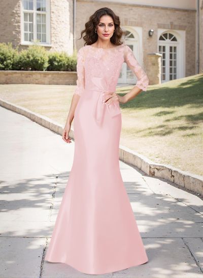 Trumpet Tie Waist Semi Sheer Illusion Floral Embroidered Sleeves Mother Of The Bride Dresses