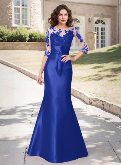 Trumpet/Mermaid Scoop Neck 3/4 Sleeves Lace Satin Floor-Length Mother Of The Bride Dresses With Bow(s)