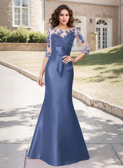 Trumpet/Mermaid Scoop Neck 3/4 Sleeves Lace Satin Floor-Length Mother Of The Bride Dresses With Bow(s)