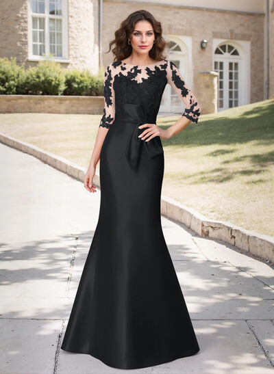 Trumpet Tie Waist Semi Sheer Illusion Floral Embroidered Sleeves Mother Of The Bride Dresses