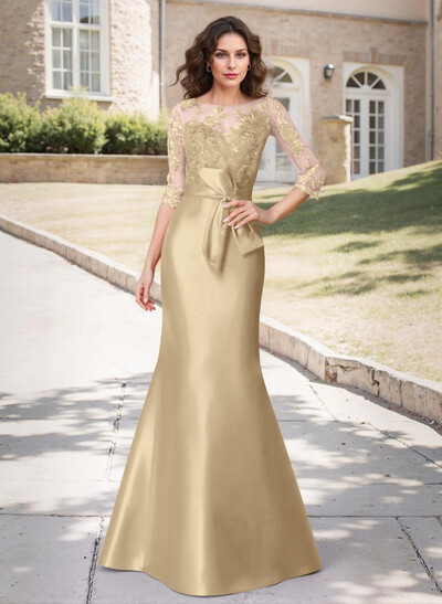 Trumpet Tie Waist Semi Sheer Illusion Floral Embroidered Sleeves Mother Of The Bride Dresses