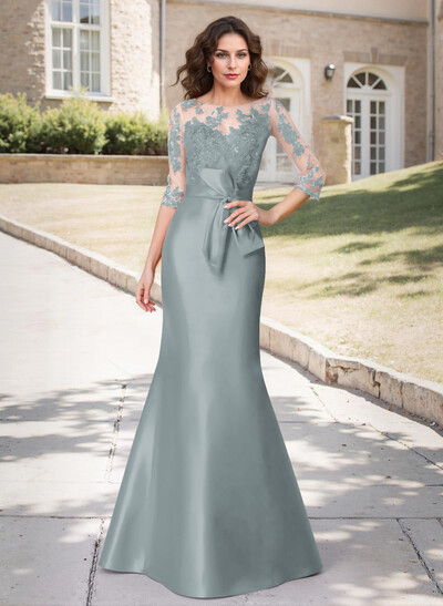 Trumpet Tie Waist Semi Sheer Illusion Floral Embroidered Sleeves Mother Of The Bride Dresses