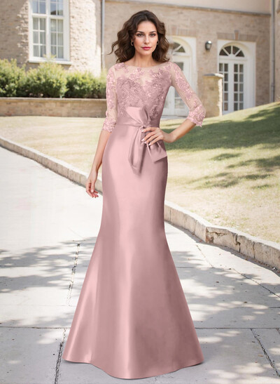 Trumpet Tie Waist Semi Sheer Illusion Floral Embroidered Sleeves Mother Of The Bride Dresses