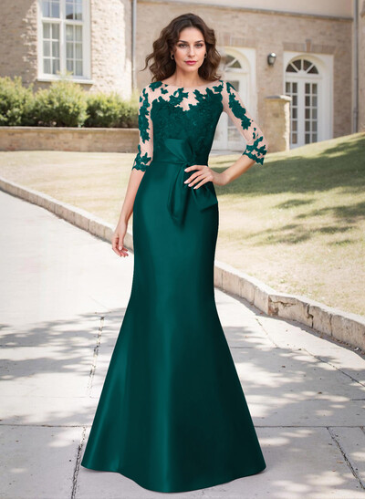 Trumpet Tie Waist Semi Sheer Illusion Floral Embroidered Sleeves Mother Of The Bride Dresses