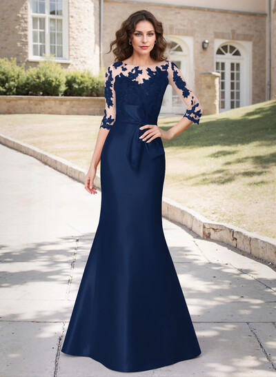 Trumpet Tie Waist Semi Sheer Illusion Floral Embroidered Sleeves Mother Of The Bride Dresses