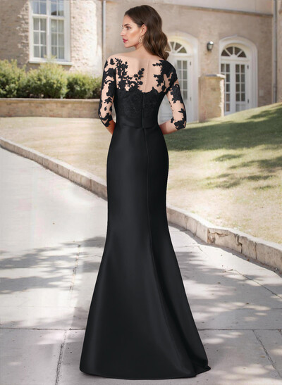Trumpet Tie Waist Semi Sheer Illusion Floral Embroidered Sleeves Mother Of The Bride Dresses