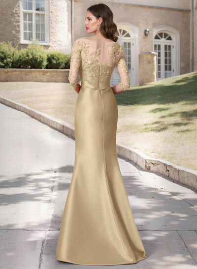 Trumpet Tie Waist Semi Sheer Illusion Floral Embroidered Sleeves Mother Of The Bride Dresses