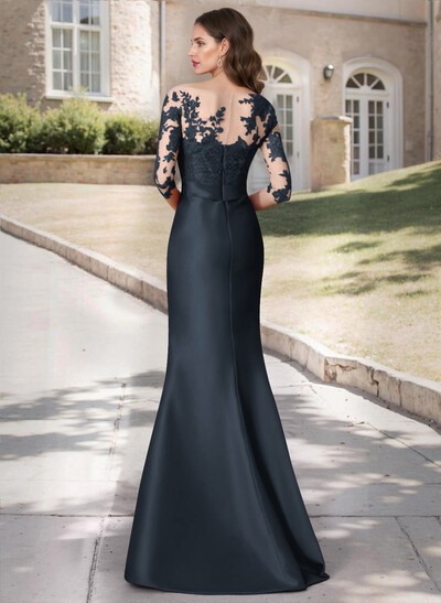 Trumpet Tie Waist Semi Sheer Illusion Floral Embroidered Sleeves Mother Of The Bride Dresses