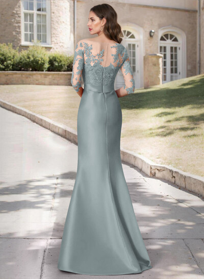 Trumpet Tie Waist Semi Sheer Illusion Floral Embroidered Sleeves Mother Of The Bride Dresses