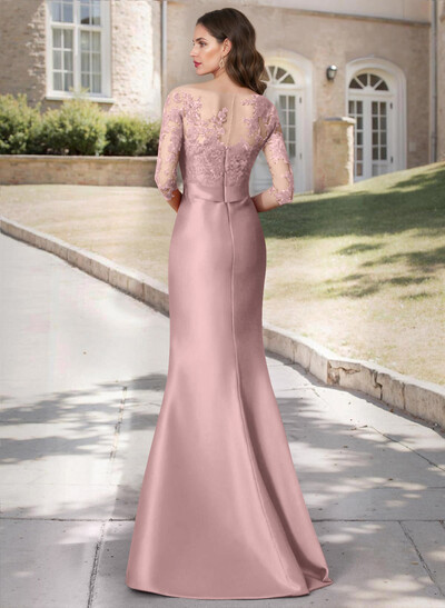 Trumpet Tie Waist Semi Sheer Illusion Floral Embroidered Sleeves Mother Of The Bride Dresses