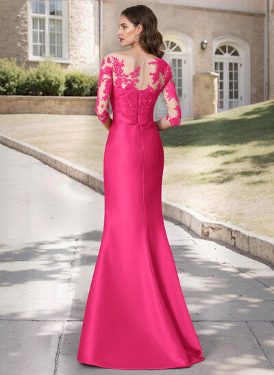 Trumpet Tie Waist Semi Sheer Illusion Floral Embroidered Sleeves Mother Of The Bride Dresses