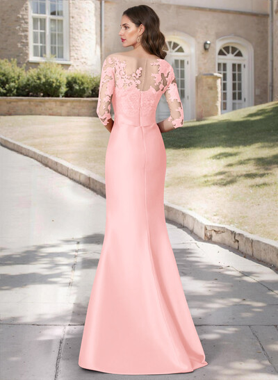 Trumpet Tie Waist Semi Sheer Illusion Floral Embroidered Sleeves Mother Of The Bride Dresses