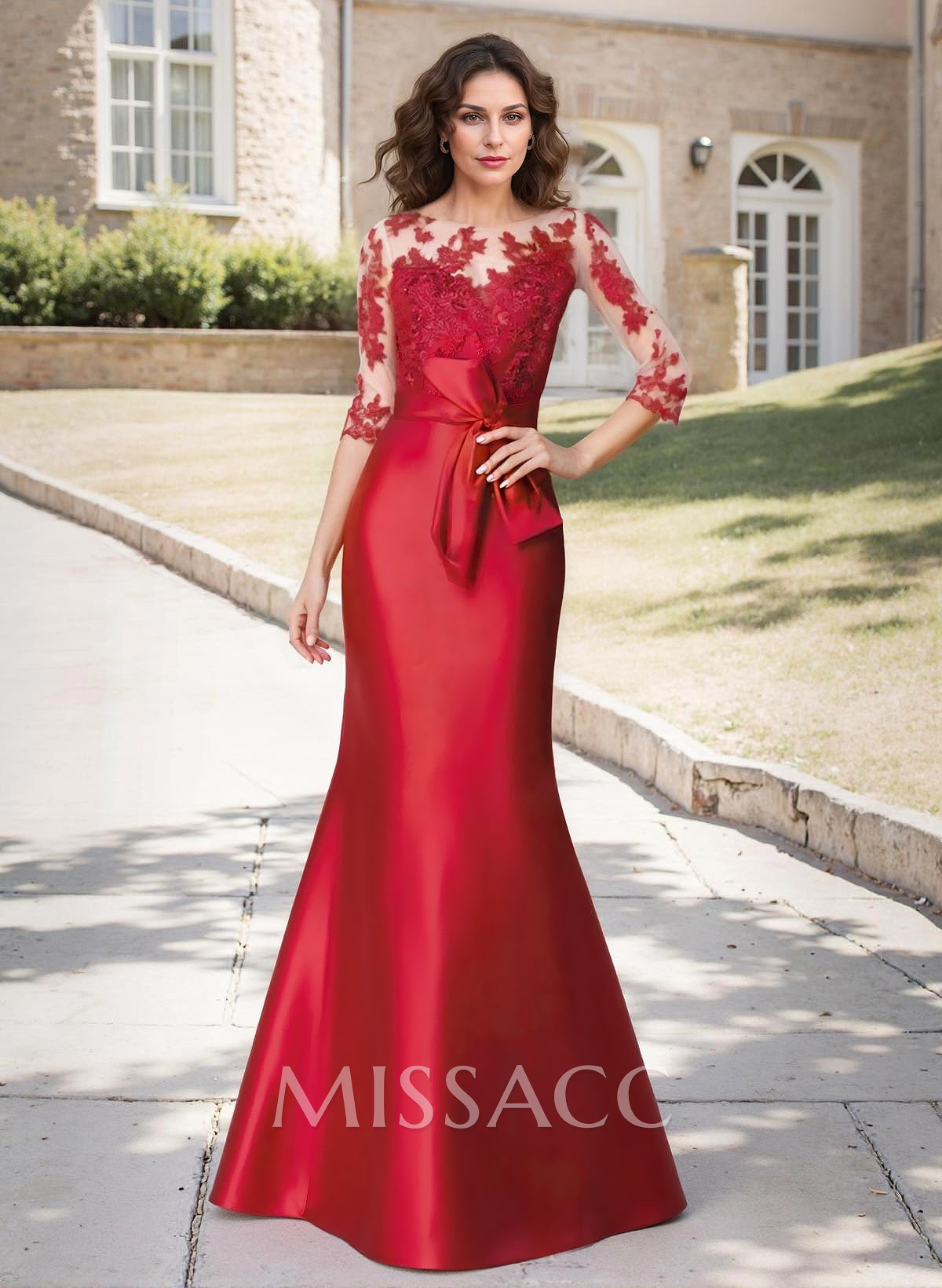 Trumpet Tie Waist Semi Sheer Illusion Floral Embroidered Sleeves Mother Of The Bride Dresses