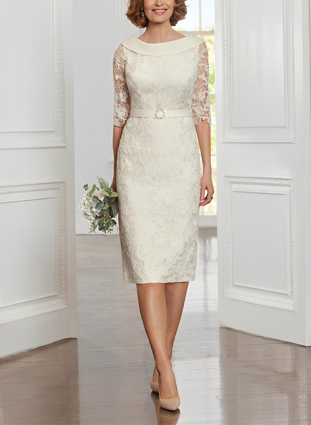 Sheath/Column Cowl Neck 1/2 Sleeves Lace Satin Knee-Length Mother Of The Bride Dresses With Beading