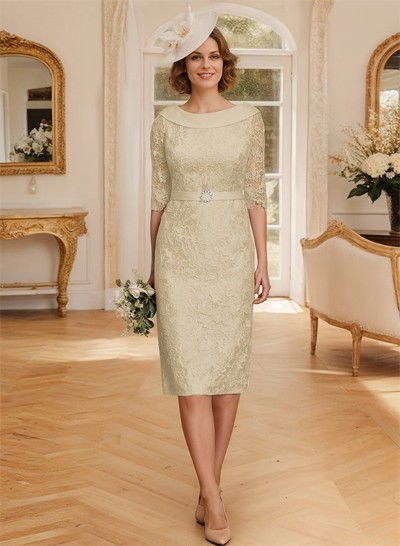 Sheath/Column Cowl Neck 1/2 Sleeves Lace Satin Knee-Length Mother Of The Bride Dresses With Beading