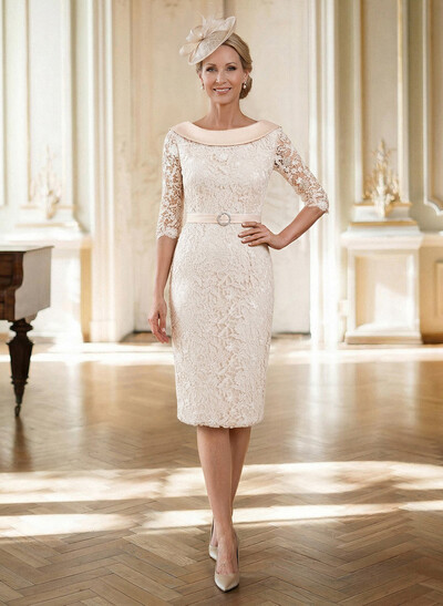 Sheath/Column Cowl Neck 1/2 Sleeves Lace Satin Knee-Length Mother Of The Bride Dresses With Beading