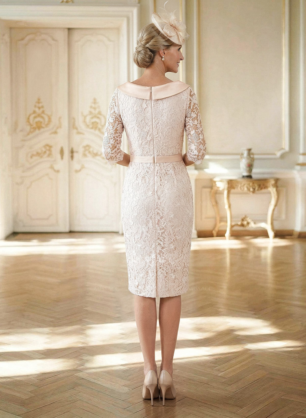 Sheath/Column Cowl Neck 1/2 Sleeves Lace Satin Knee-Length Mother Of The Bride Dresses With Beading