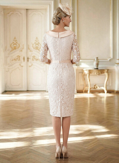 Sheath/Column Cowl Neck 1/2 Sleeves Lace Satin Knee-Length Mother Of The Bride Dresses With Beading