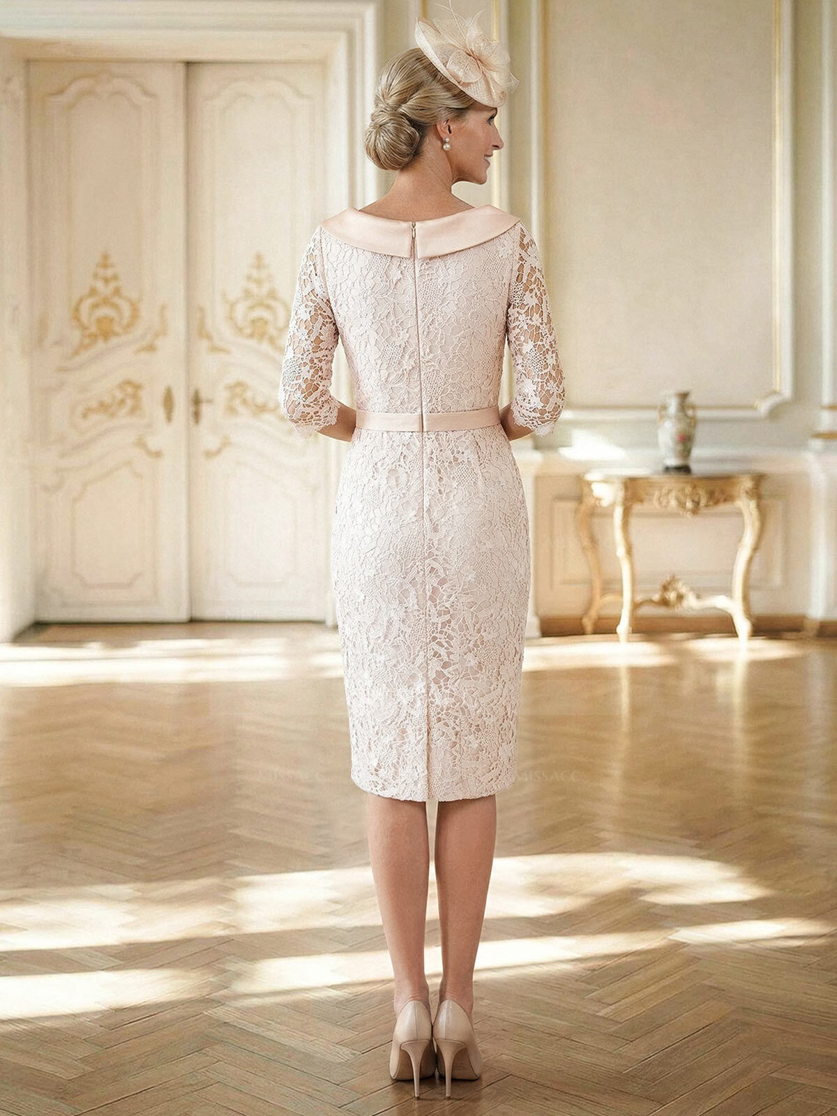 Sheath/Column Cowl Neck 1/2 Sleeves Lace Satin Knee-Length Mother Of The Bride Dresses With Beading