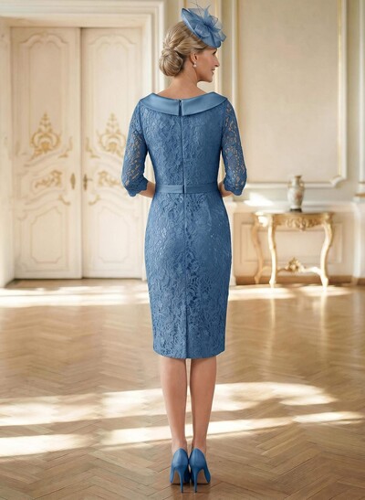 Sheath/Column Cowl Neck 1/2 Sleeves Lace Satin Knee-Length Mother Of The Bride Dresses With Beading