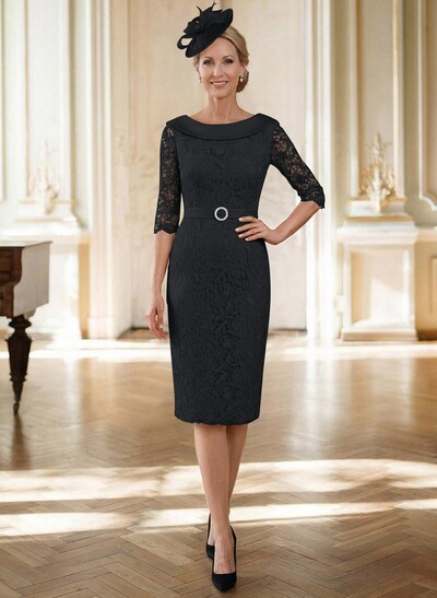 Sheath/Column Cowl Neck 1/2 Sleeves Lace Satin Knee-Length Mother Of The Bride Dresses With Beading