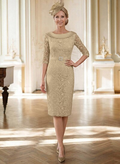 Sheath/Column Cowl Neck 1/2 Sleeves Lace Satin Knee-Length Mother Of The Bride Dresses With Beading