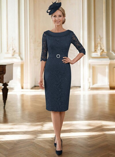 Sheath/Column Cowl Neck 1/2 Sleeves Lace Satin Knee-Length Mother Of The Bride Dresses With Beading