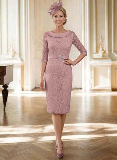 Sheath/Column Cowl Neck 1/2 Sleeves Lace Satin Knee-Length Mother Of The Bride Dresses With Beading