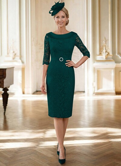 Sheath/Column Cowl Neck 1/2 Sleeves Lace Satin Knee-Length Mother Of The Bride Dresses With Beading