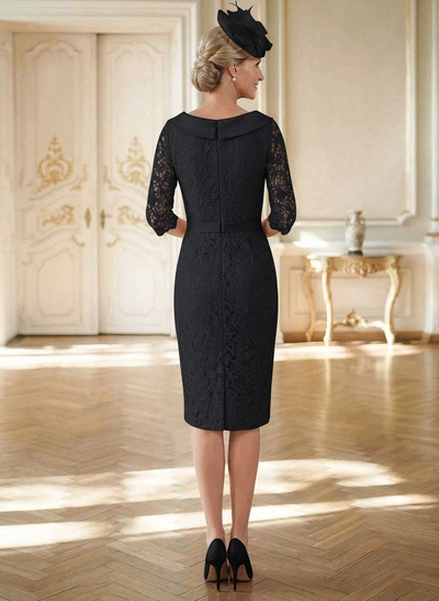 Sheath/Column Cowl Neck 1/2 Sleeves Lace Satin Knee-Length Mother Of The Bride Dresses With Beading