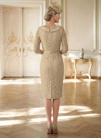 Sheath/Column Cowl Neck 1/2 Sleeves Lace Satin Knee-Length Mother Of The Bride Dresses With Beading